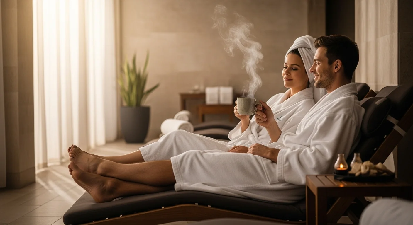 Расслабленная пара в банных халатах наслаждается травяным чаем в умиротворенной обстановке спа-зоны.