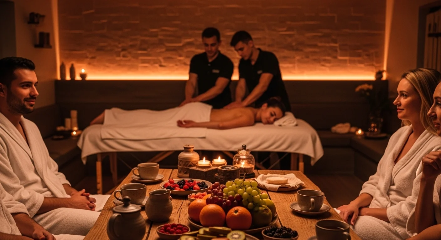 Участники банного ретрита делают друг другу массаж в расслабленной атмосфере